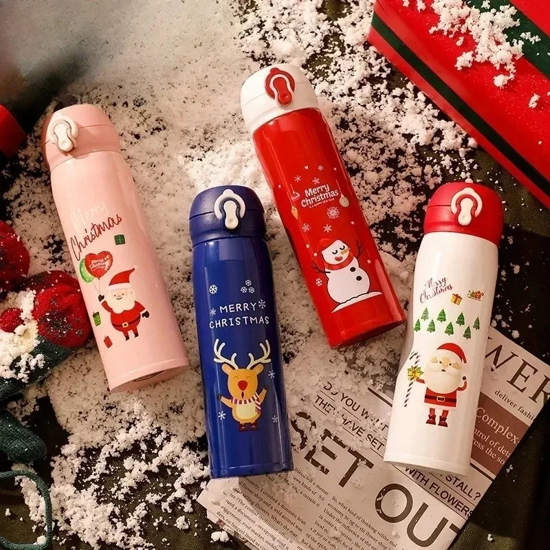 1-5PCS 500ml Christmas Thermos Cup Stainless Steel Vacuum Water Bottle with Lid Elk Santa Thermos Cup Christmas Gift Christmas