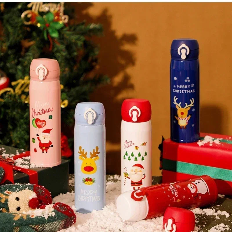 1-5PCS 500ml Christmas Thermos Cup Stainless Steel Vacuum Water Bottle with Lid Elk Santa Thermos Cup Christmas Gift Christmas