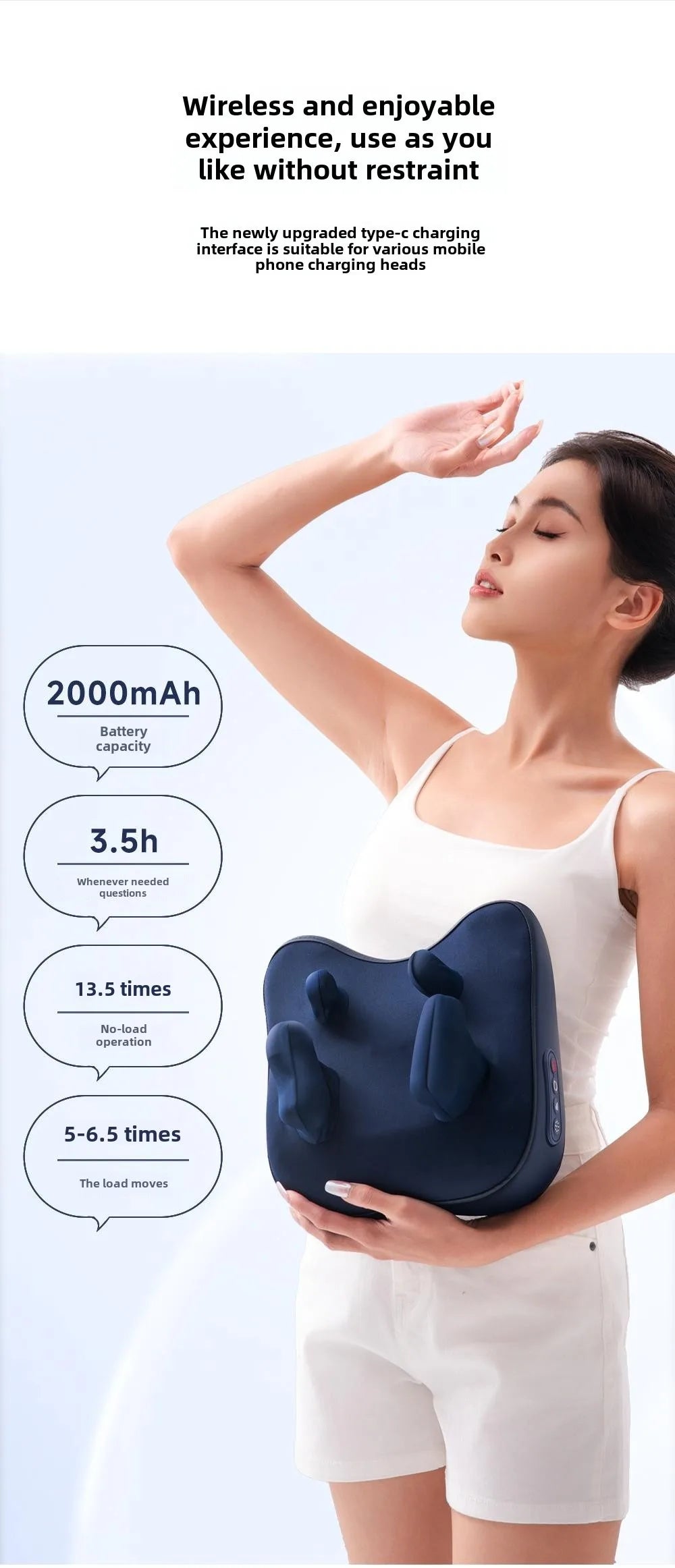 Trapezius Electric Massage Pillow Wireless Shiatsu Kneading Massager for Neck Shoulder Waist Leg Rechargeable for Car Home Use