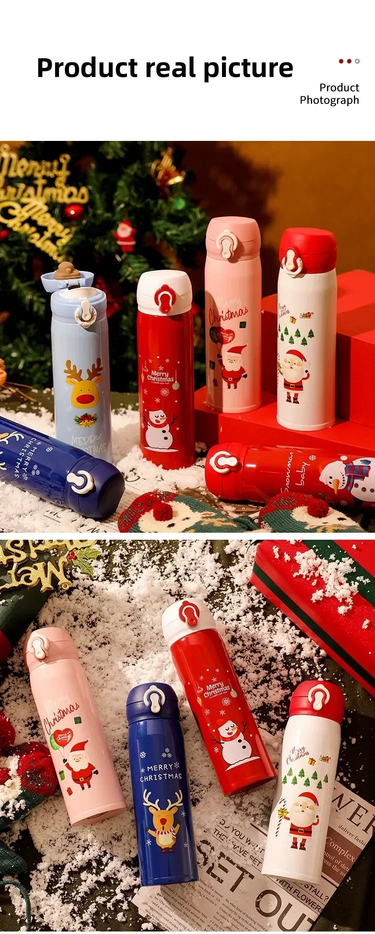 1-5PCS 500ml Christmas Thermos Cup Stainless Steel Vacuum Water Bottle with Lid Elk Santa Thermos Cup Christmas Gift Christmas