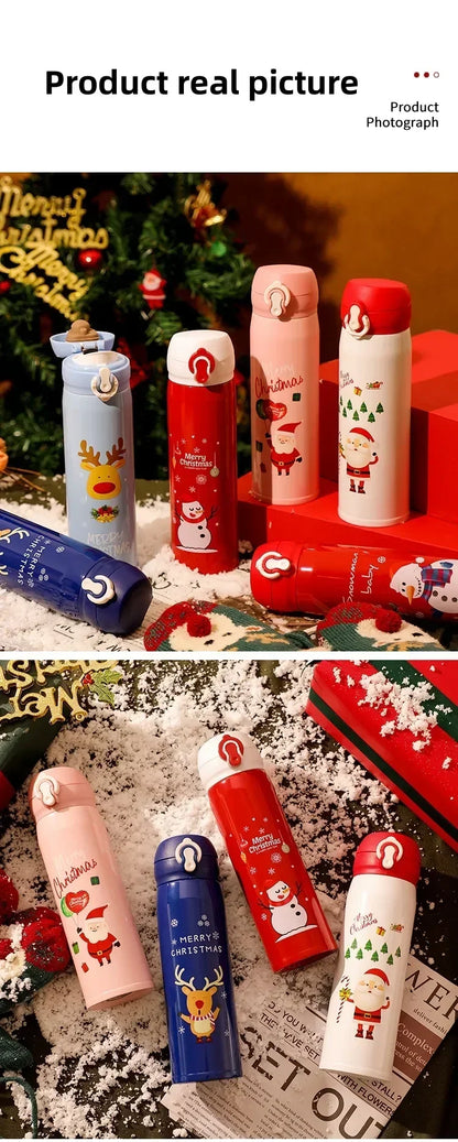 1-5PCS 500ml Christmas Thermos Cup Stainless Steel Vacuum Water Bottle with Lid Elk Santa Thermos Cup Christmas Gift Christmas