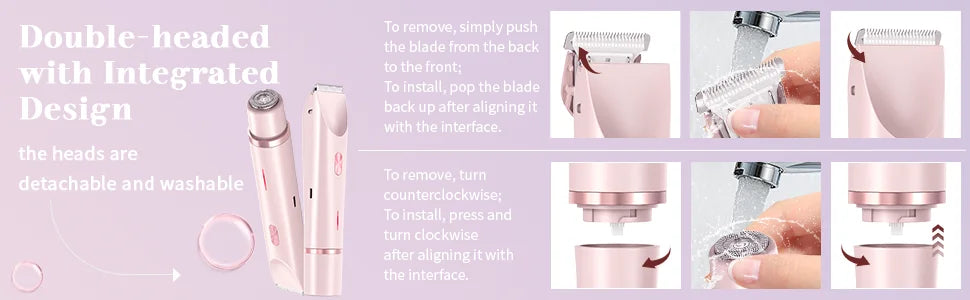 Electric Shaver for Women Waterproof Wet &Dry Hair Razors 2 in 1 Double Head Dual Bikini Hair Trimmer Detachable Head Shaver