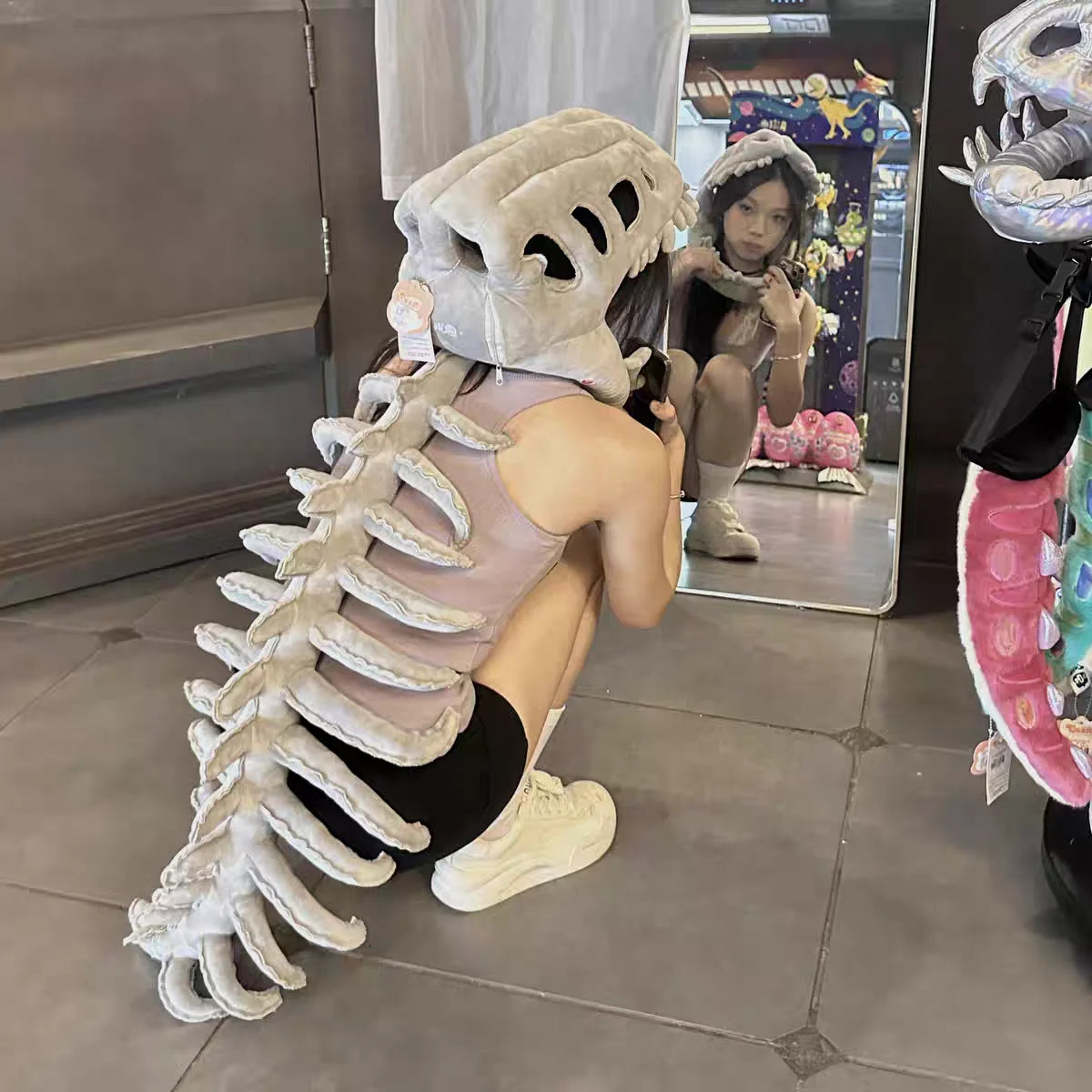 Funny Plush Dinosaur Skeleton Costume Headpiece - Cosplay Party Outfit with Exoskeleton Design, Dinosaur Suit Christmas Gift